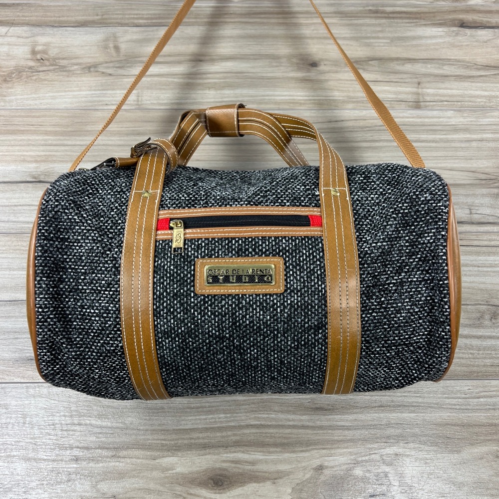 Oscar de la Renta Studio Duffel Bag Tweed Woven Black White Brown Travel Bag